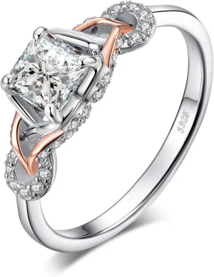 JewelryPalace Love Infinity Ring Engagement Rings for Women, 14K Rose Gold 925 Sterling Silver Cubic Zirconia Promise Rings for Her, Anniversary Knot Princess Cut Promise Ring Simulated Diamond Ring