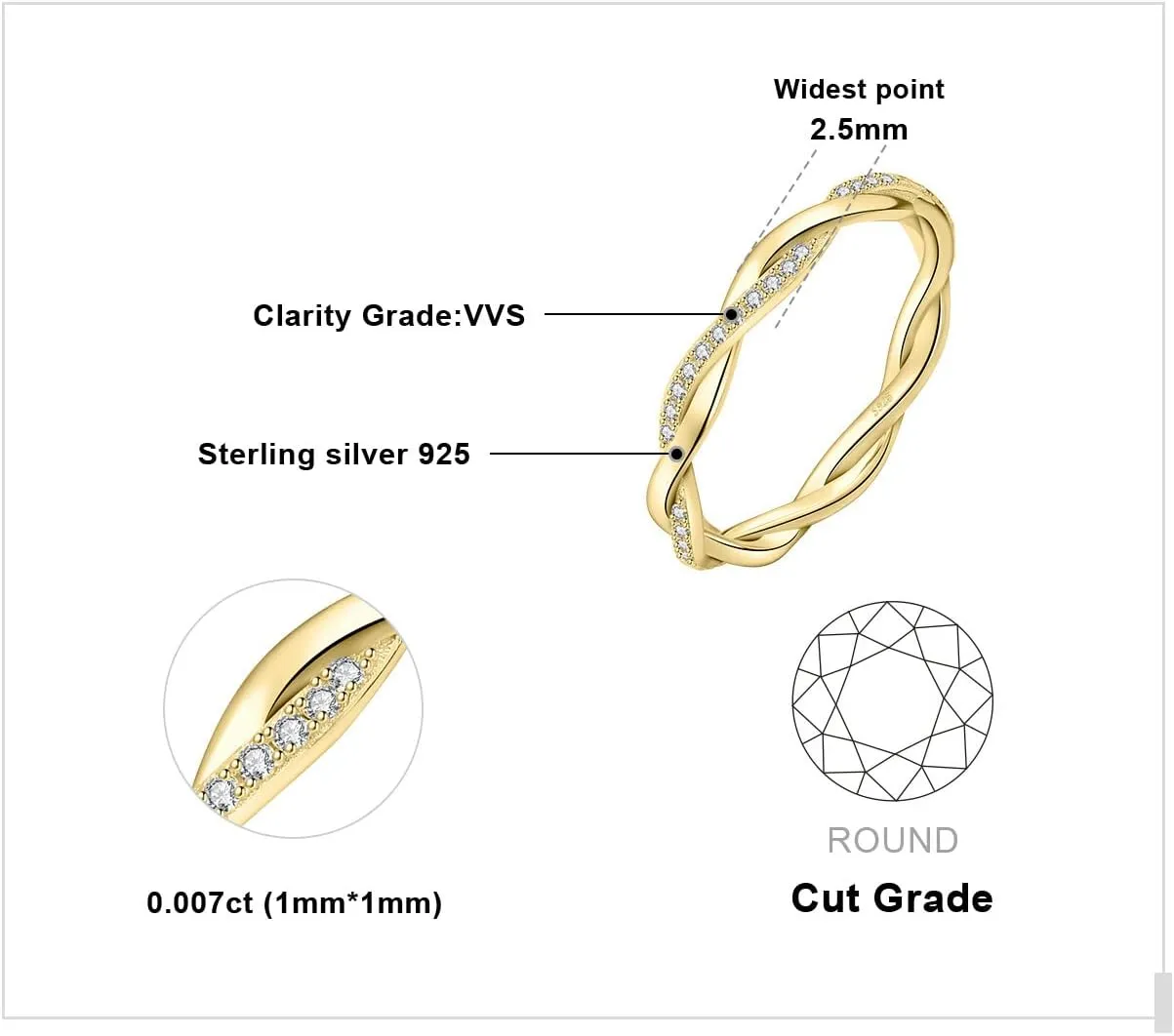 JewelryPalace Love Rope Infinity Moissanite Wedding Band for Women, Twisted 14K White Yellow Rose Gold 925 Sterling Silver Promise Ring for Her, Wave Simulated Diamond Stackable Rings VVS D-F