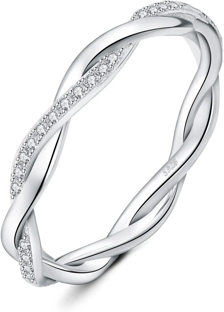 JewelryPalace Love Rope Infinity Moissanite Wedding Band for Women, Twisted 14K White Yellow Rose Gold 925 Sterling Silver Promise Ring for Her, Wave Simulated Diamond Stackable Rings VVS D-F