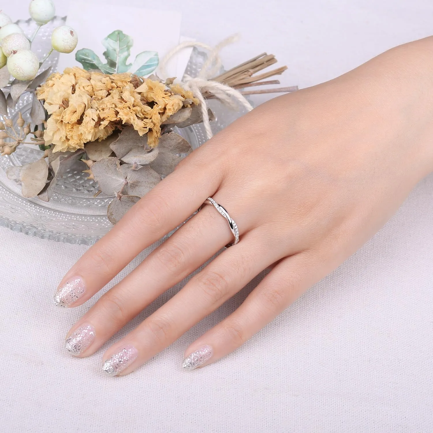 JewelryPalace Love Rope Infinity Moissanite Wedding Band for Women, Twisted 14K White Yellow Rose Gold 925 Sterling Silver Promise Ring for Her, Wave Simulated Diamond Stackable Rings VVS D-F