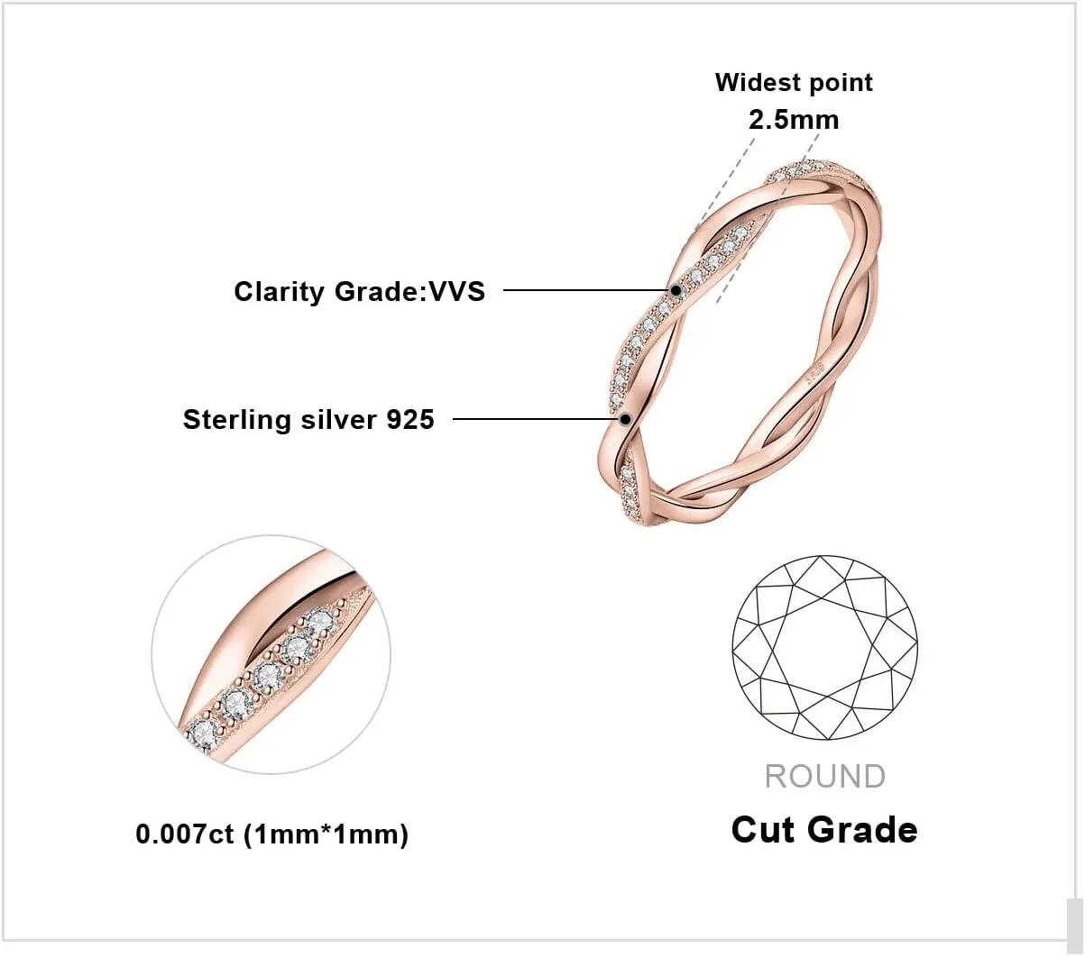 JewelryPalace Love Rope Infinity Moissanite Wedding Band for Women, Twisted 14K White Yellow Rose Gold 925 Sterling Silver Promise Ring for Her, Wave Simulated Diamond Stackable Rings VVS D-F