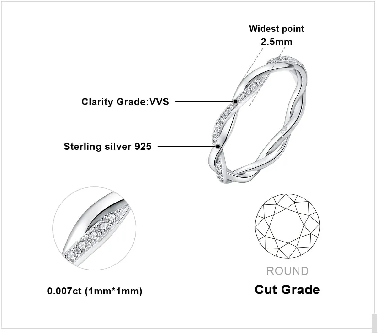 JewelryPalace Love Rope Infinity Moissanite Wedding Band for Women, Twisted 14K White Yellow Rose Gold 925 Sterling Silver Promise Ring for Her, Wave Simulated Diamond Stackable Rings VVS D-F