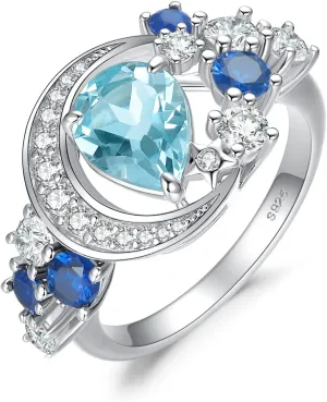 JewelryPalace Moon Star 2.2ct Pear Cut Genuine Sky Blue Topaz Created Sapphire Statement Rings for Women, 14k White Gold Plated 925 Sterling Silver Ring for Her, Natural Gemstone Jewelry Sets