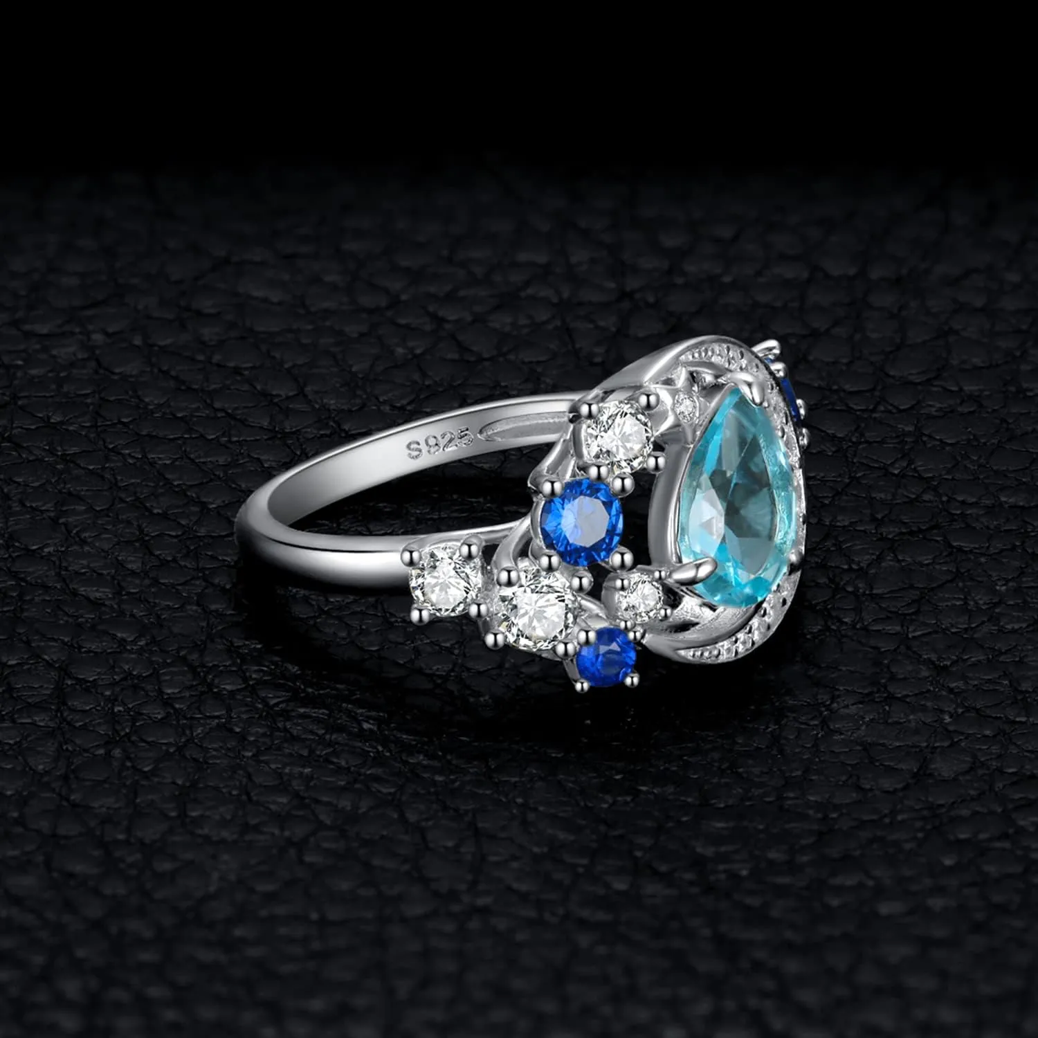 JewelryPalace Moon Star 2.2ct Pear Cut Genuine Sky Blue Topaz Created Sapphire Statement Rings for Women, 14k White Gold Plated 925 Sterling Silver Ring for Her, Natural Gemstone Jewelry Sets