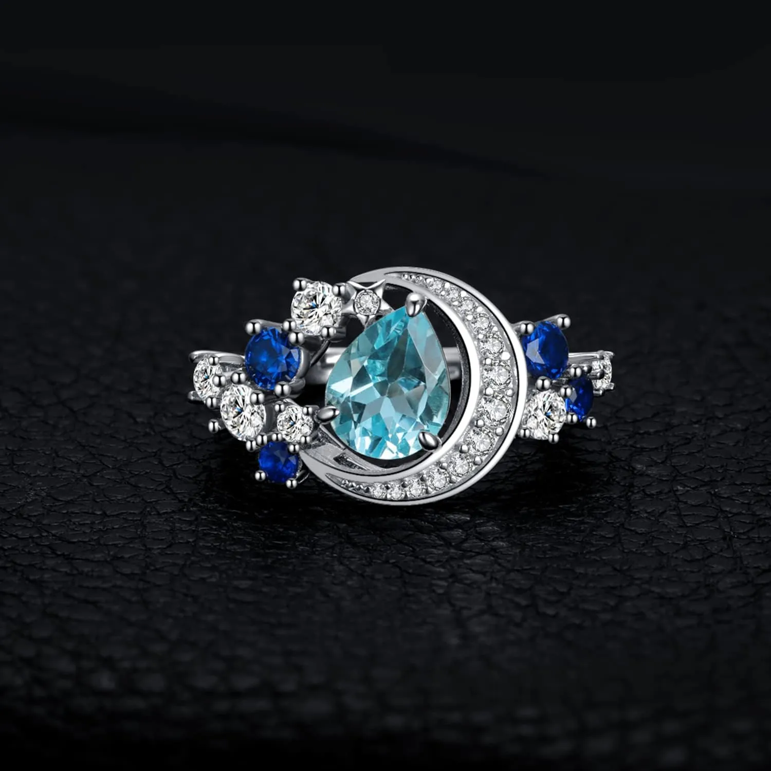 JewelryPalace Moon Star 2.2ct Pear Cut Genuine Sky Blue Topaz Created Sapphire Statement Rings for Women, 14k White Gold Plated 925 Sterling Silver Ring for Her, Natural Gemstone Jewelry Sets