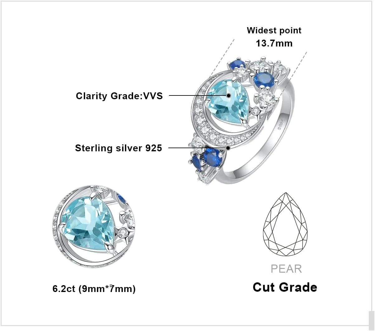 JewelryPalace Moon Star 2.2ct Pear Cut Genuine Sky Blue Topaz Created Sapphire Statement Rings for Women, 14k White Gold Plated 925 Sterling Silver Ring for Her, Natural Gemstone Jewelry Sets