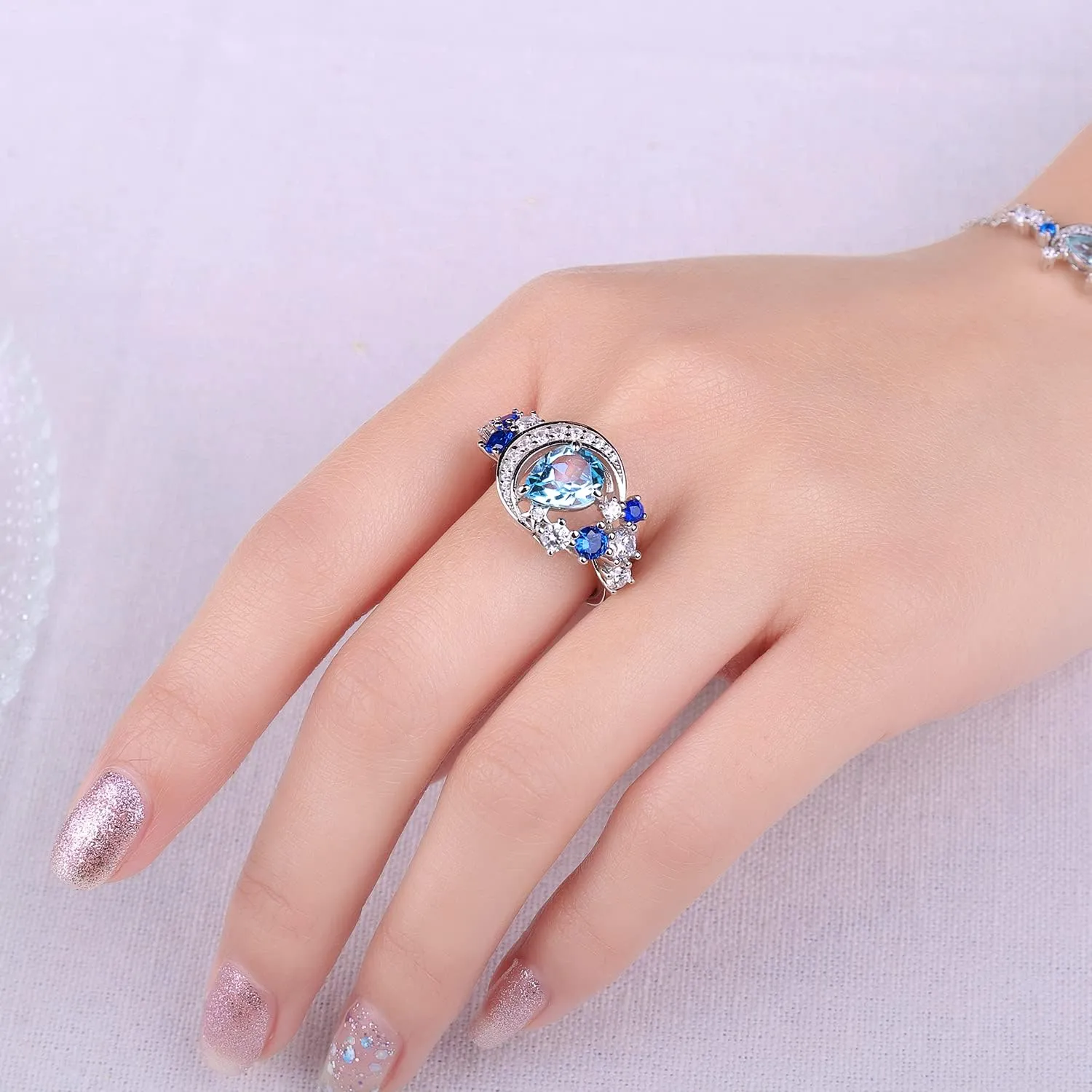 JewelryPalace Moon Star 2.2ct Pear Cut Genuine Sky Blue Topaz Created Sapphire Statement Rings for Women, 14k White Gold Plated 925 Sterling Silver Ring for Her, Natural Gemstone Jewelry Sets