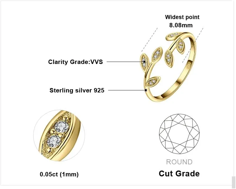 JewelryPalace Olive Leaf Cubic Zirconia Open Adjustable Rings, 925 Sterling Silver Rings for Women, Simulated Diamond Cuff Finger Thumb Band Ring, Girls Womens Jewelry Gifts