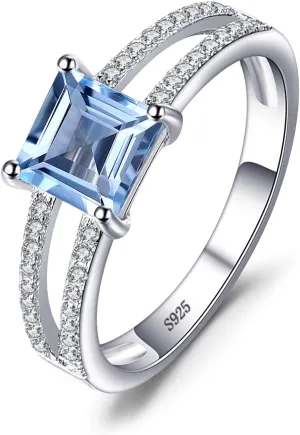 JewelryPalace Princess Cut 1.2ct Genuine Blue Topaz Solitaire Rings for Her, 14K White Gold Plated 925 Sterling Silver Promise Ring for Women, Natural Gemstone jewelry Sets Rings