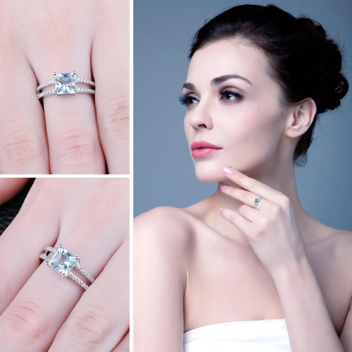 JewelryPalace Princess Cut 1.2ct Genuine Blue Topaz Solitaire Rings for Her, 14K White Gold Plated 925 Sterling Silver Promise Ring for Women, Natural Gemstone jewelry Sets Rings