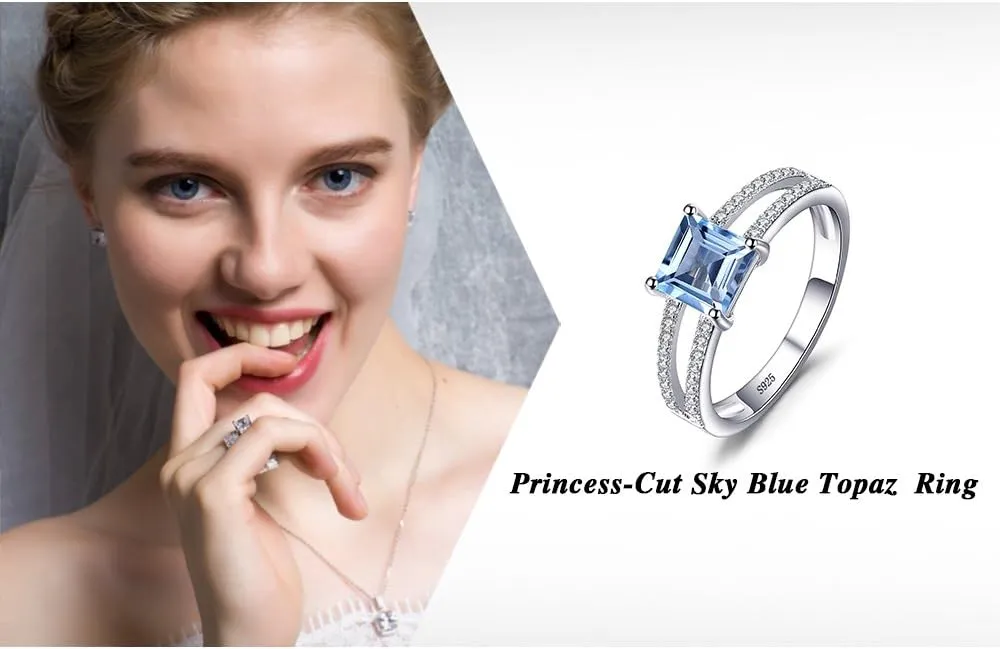 JewelryPalace Princess Cut 1.2ct Genuine Blue Topaz Solitaire Rings for Her, 14K White Gold Plated 925 Sterling Silver Promise Ring for Women, Natural Gemstone jewelry Sets Rings
