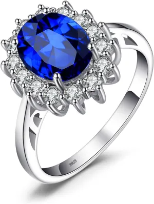 JewelryPalace Princess Diana Kate Middleton Class Gemstone Birthstone Sapphire Halo Engagement Rings for Women, Anniversary 14K White Yellow Rose Gold Plated 925 Sterling Silver Promise Rings for Her
