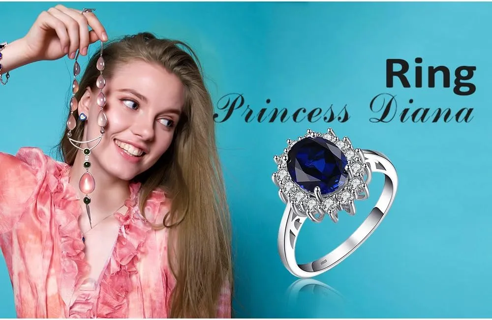 JewelryPalace Princess Diana Kate Middleton Class Gemstone Birthstone Sapphire Halo Engagement Rings for Women, Anniversary 14K White Yellow Rose Gold Plated 925 Sterling Silver Promise Rings for Her