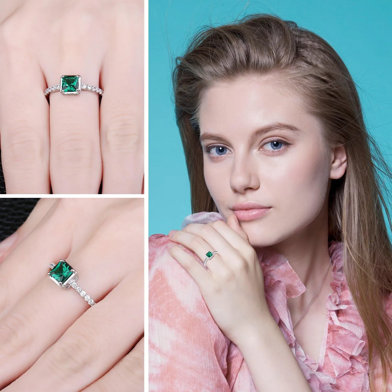 JewelryPalace Square Cut 1ct Created Sapphire Simulated Emerald Solitaire Rings for Her, 14K White Yellow Rose Gold 925 Sterling Silver Promise Ring for Women, Gemstone Jewelry Sets Rings