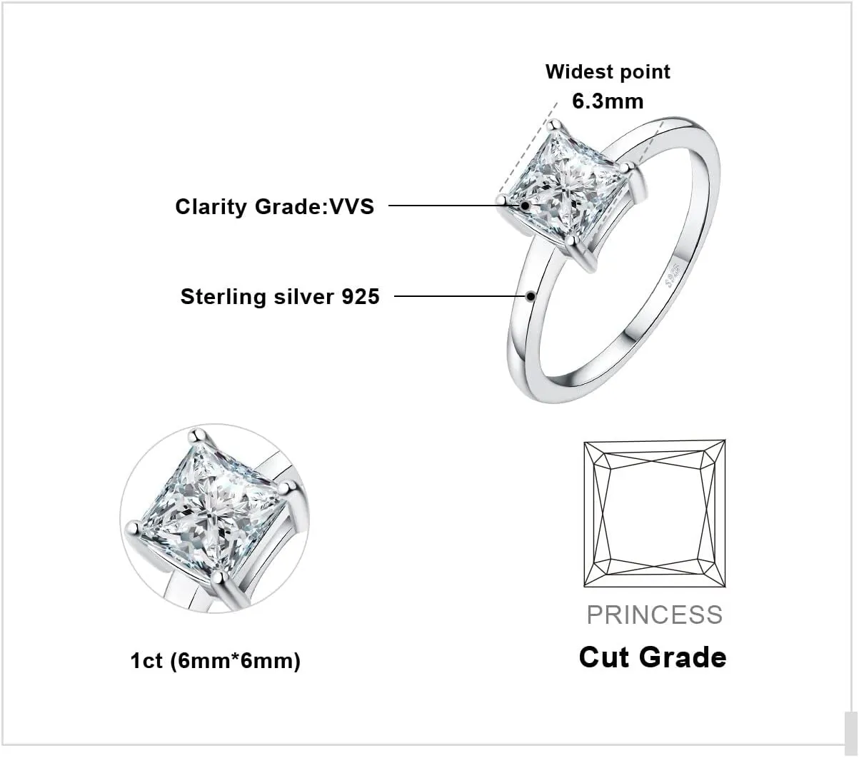 JewelryPalace Square Shape 1ct Cubic Zirconia Solitaire Engagement Rings for Women, 925 Sterling Silver Promise Ring for Her, Simulated Diamond Anniversary Wedding Ring Jewelry Sets