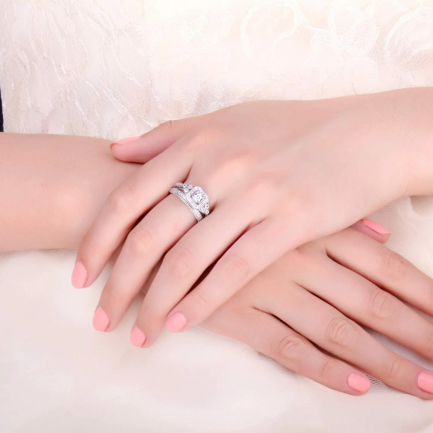 JewelryPalace Vintage 14K Gold Plated 925 Sterling Silver Halo Engagement Ring Wedding Band Bridal Sets