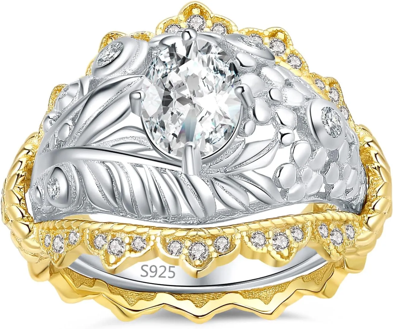 JewelryPalace Vintage Flower Tree Leaf Oval Cut 1.5ct Cubic Zirconia Solitaire Engagement Rings for Women, 14K Gold Yellow 925 Sterling Silver Promise Ring, Wedding Band Enhancer Ring Bridal Sets