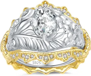 JewelryPalace Vintage Flower Tree Leaf Oval Cut 1.5ct Cubic Zirconia Solitaire Engagement Rings for Women, 14K Gold Yellow 925 Sterling Silver Promise Ring, Wedding Band Enhancer Ring Bridal Sets