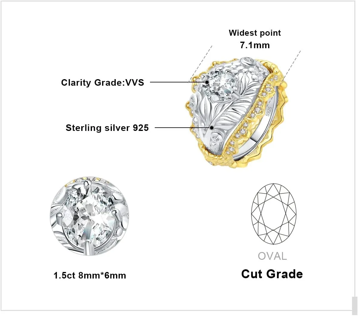 JewelryPalace Vintage Flower Tree Leaf Oval Cut 1.5ct Cubic Zirconia Solitaire Engagement Rings for Women, 14K Gold Yellow 925 Sterling Silver Promise Ring, Wedding Band Enhancer Ring Bridal Sets