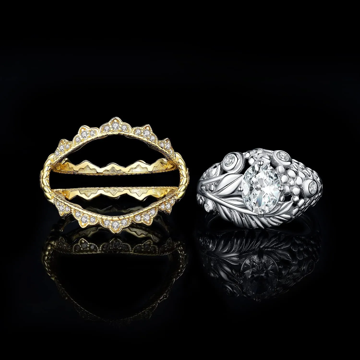 JewelryPalace Vintage Flower Tree Leaf Oval Cut 1.5ct Cubic Zirconia Solitaire Engagement Rings for Women, 14K Gold Yellow 925 Sterling Silver Promise Ring, Wedding Band Enhancer Ring Bridal Sets