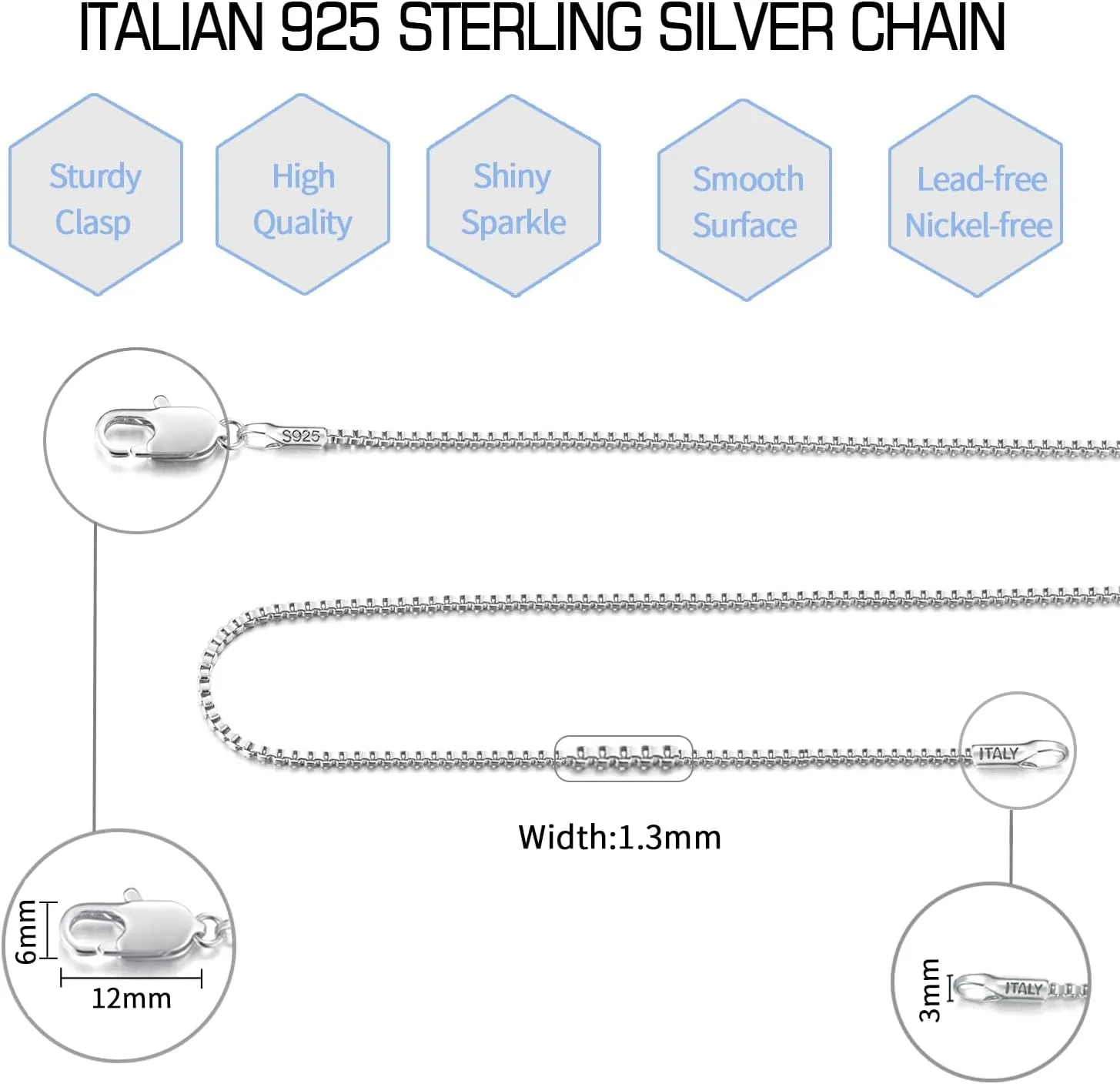 Jewlpire Italian 1.3mm Solid 14K Gold Over 925 Sterling Silver Chain Necklace for Women, Italian Box Chain Thin & Strong Women's Chain Necklaces 14 16 18 20 22 24 26 Inches
