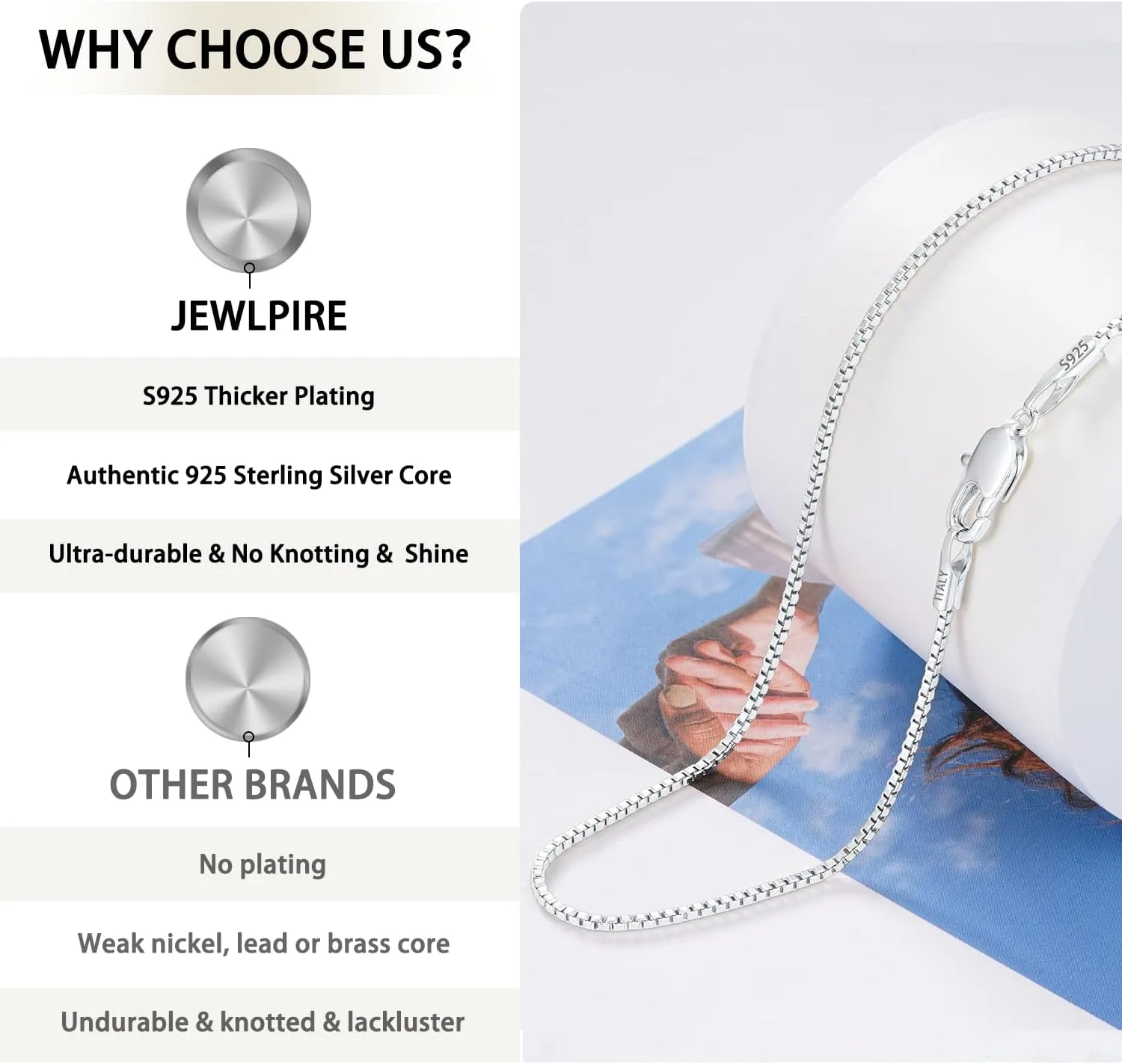 Jewlpire Italian 1.3mm Solid 14K Gold Over 925 Sterling Silver Chain Necklace for Women, Italian Box Chain Thin & Strong Women's Chain Necklaces 14 16 18 20 22 24 26 Inches