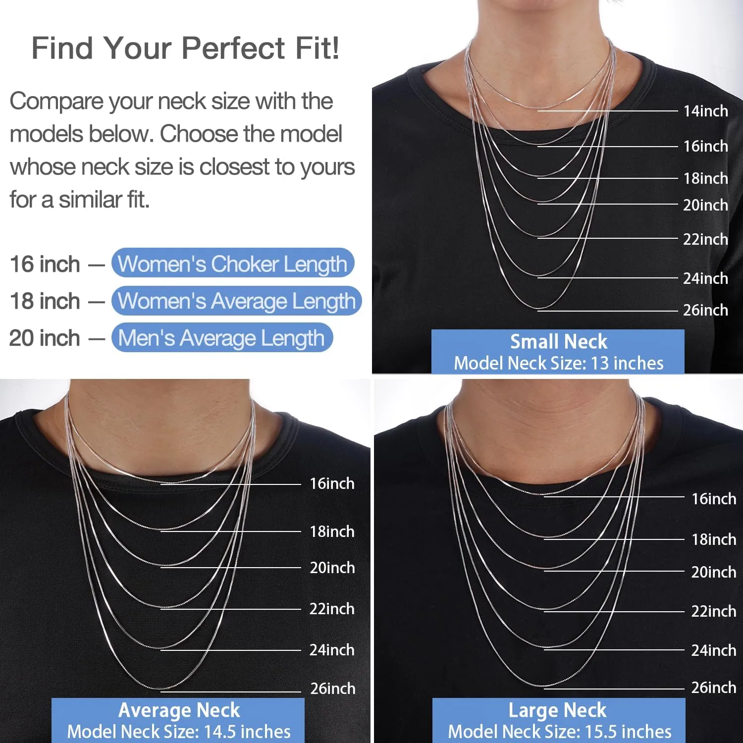 Jewlpire Italian 1.3mm Solid 14K Gold Over 925 Sterling Silver Chain Necklace for Women, Italian Box Chain Thin & Strong Women's Chain Necklaces 14 16 18 20 22 24 26 Inches