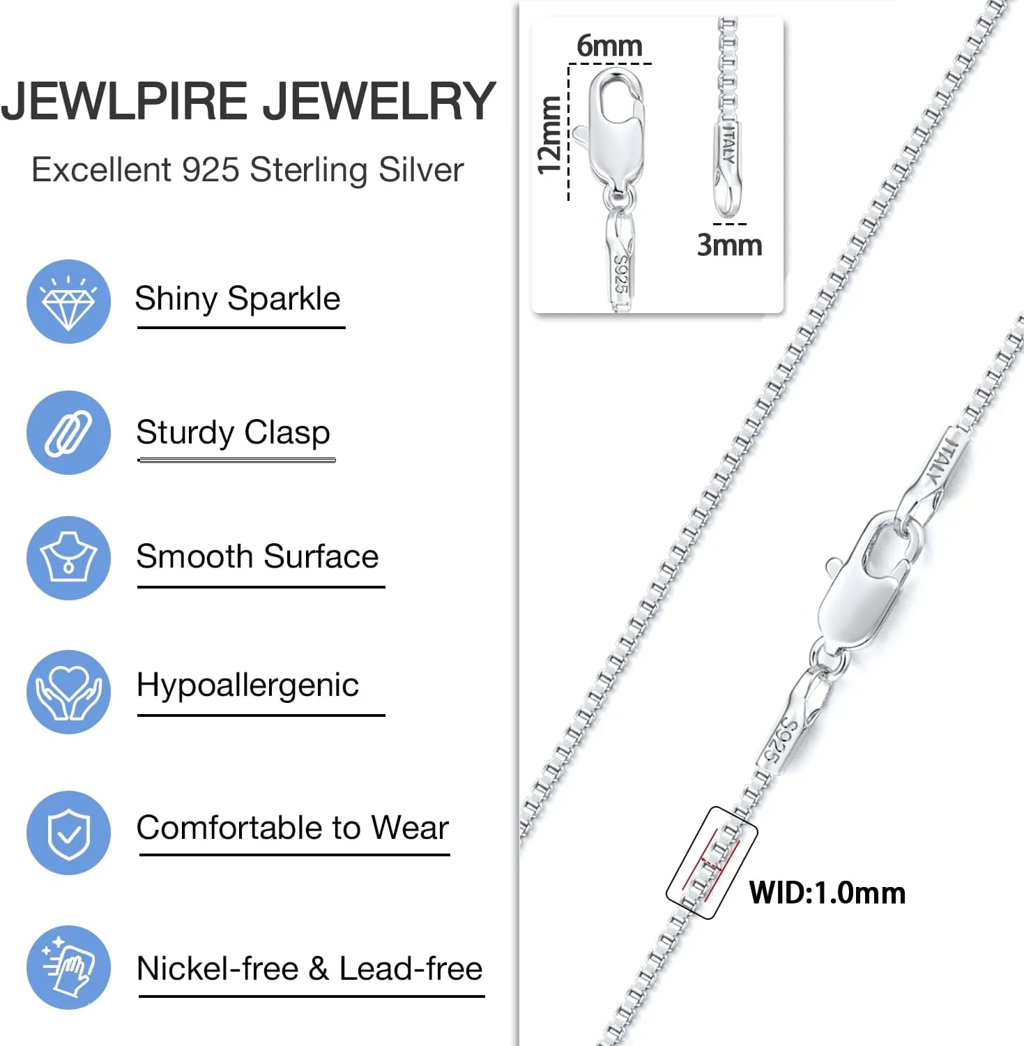 Jewlpire Italian 1mm 1.2mm Box Chain, 14K Over Gold/925 Sterling Silver Chain Necklace for Women, Jewelry Gift for Women 14 16 18 20 22 24 26 Inch