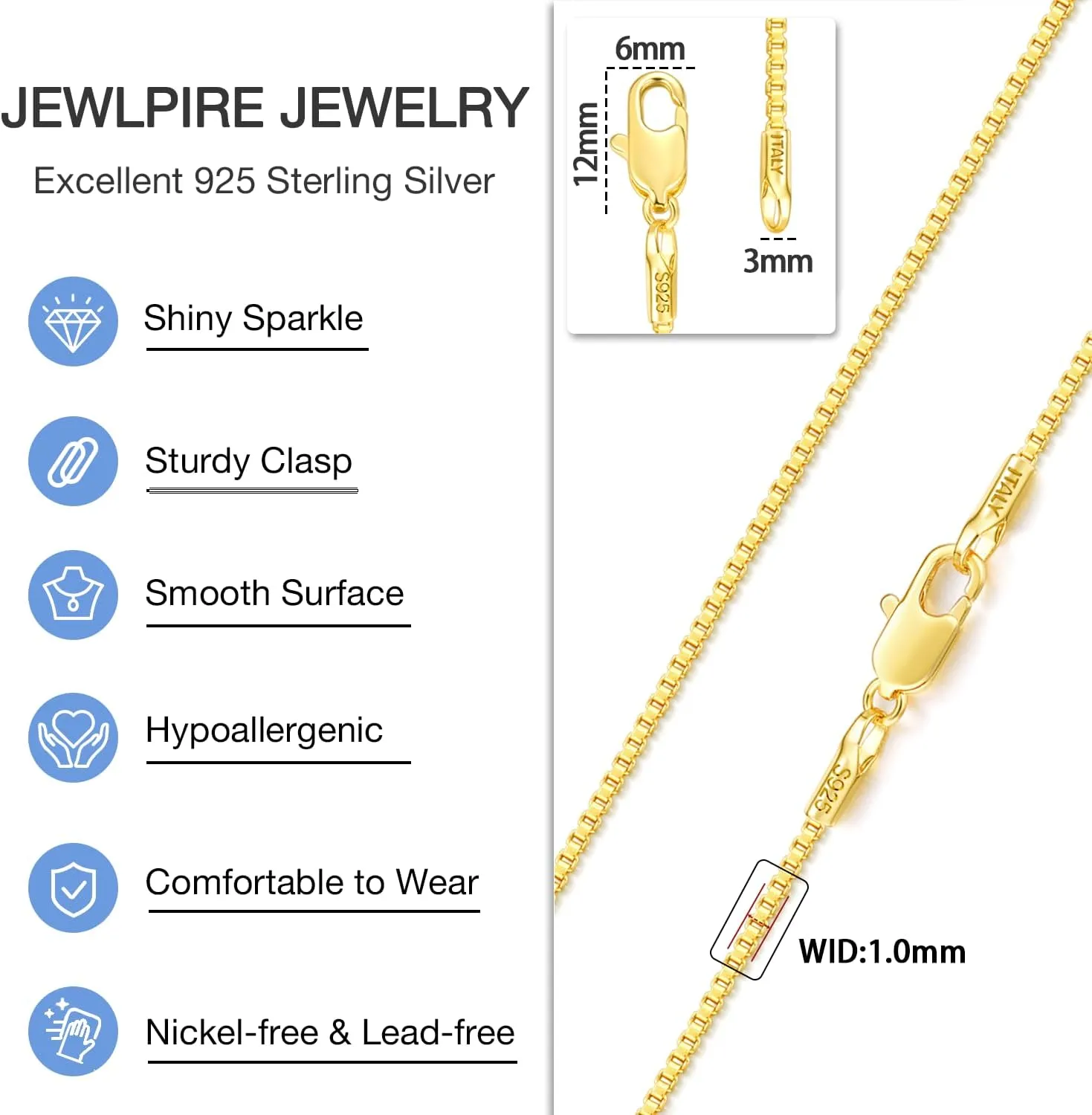 Jewlpire Italian 1mm 1.2mm Box Chain, 14K Over Gold/925 Sterling Silver Chain Necklace for Women, Jewelry Gift for Women 14 16 18 20 22 24 26 Inch