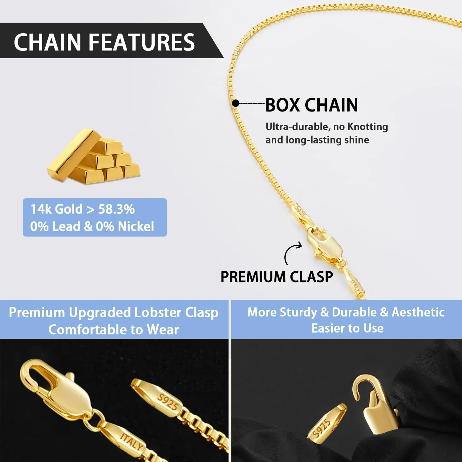 Jewlpire Italian 1mm 1.2mm Box Chain, 14K Over Gold/925 Sterling Silver Chain Necklace for Women, Jewelry Gift for Women 14 16 18 20 22 24 26 Inch