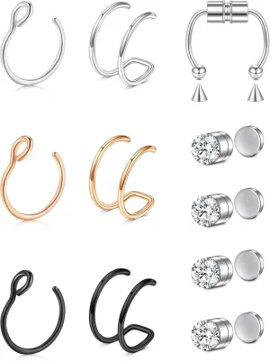 JFORYOU Fake Nose Ring Fake Septum Fake Nose Ring Hoop Fake Nose Rings for Women Faux Nose Piercing Spring Clip on No Pierced Non Piercing Faux Body Piercing Jewelry for Women Men