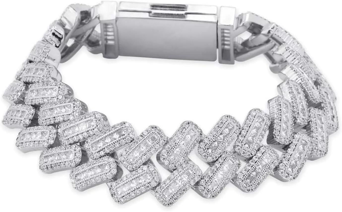 JINAO 20MM 6 Times 14k Gold Plated Cuban Link Bracelet Iced Out Bling Round Carre Baguette Cut CZ with Prong Setting Simulated Diamond Bracelet Hip Hop Jewelry for Men