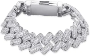JINAO 20MM 6 Times 14k Gold Plated Cuban Link Bracelet Iced Out Bling Round Carre Baguette Cut CZ with Prong Setting Simulated Diamond Bracelet Hip Hop Jewelry for Men