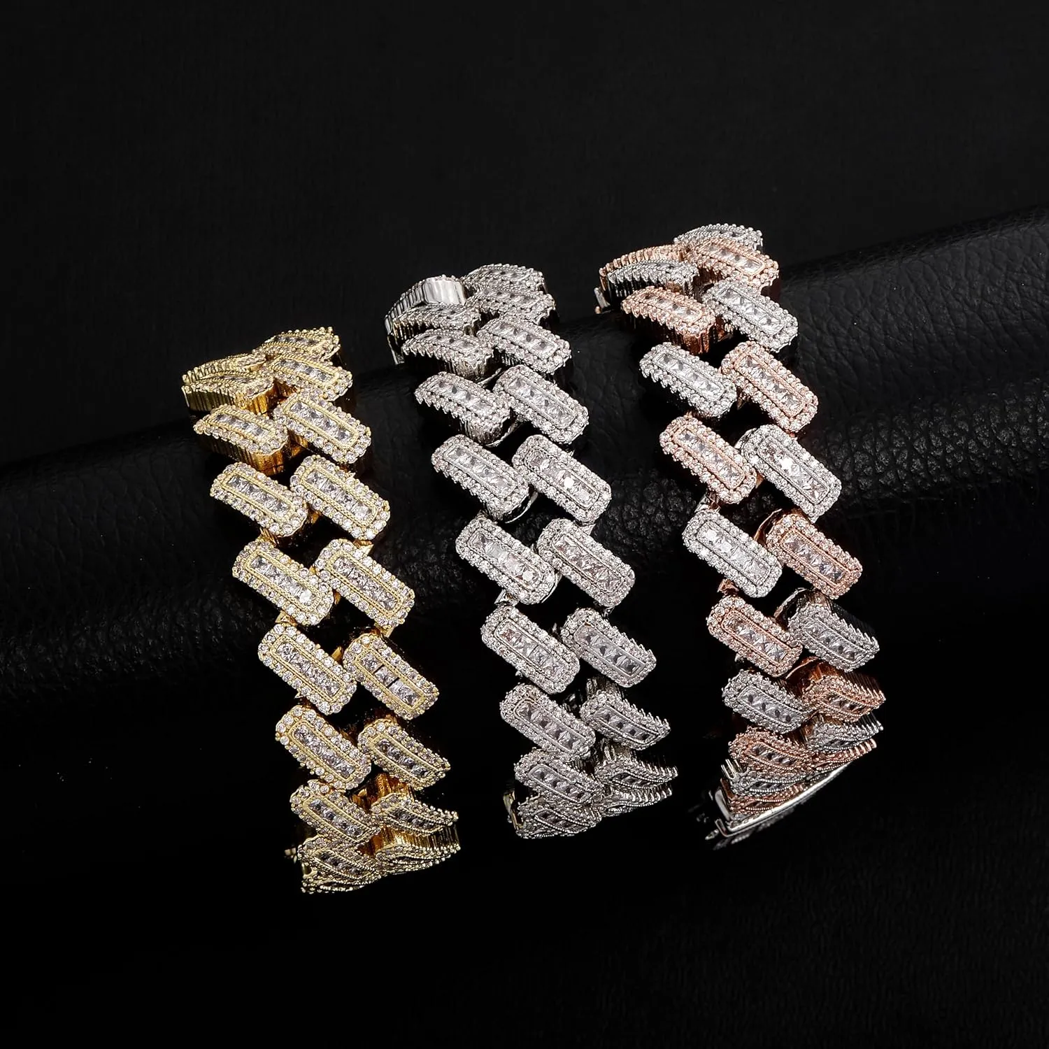 JINAO 20MM 6 Times 14k Gold Plated Cuban Link Bracelet Iced Out Bling Round Carre Baguette Cut CZ with Prong Setting Simulated Diamond Bracelet Hip Hop Jewelry for Men