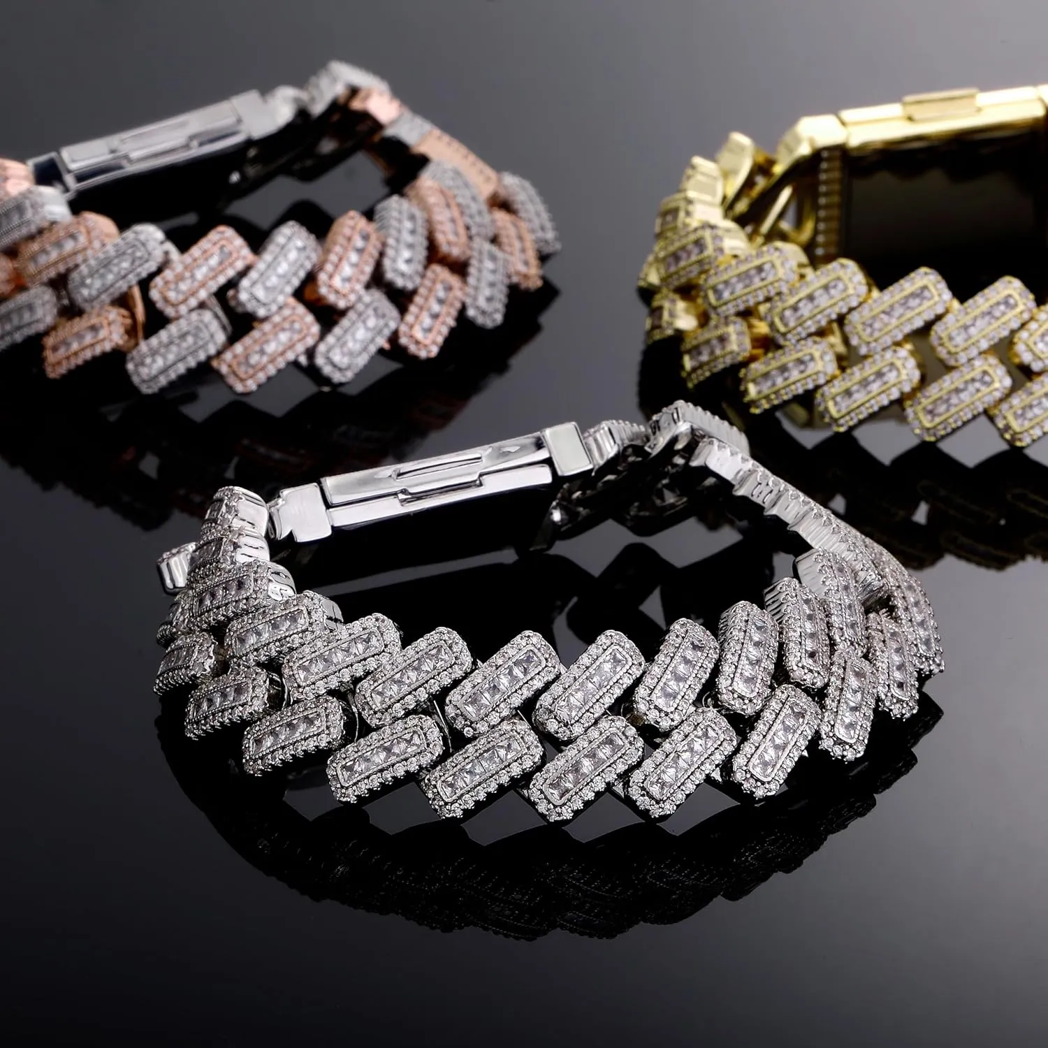 JINAO 20MM 6 Times 14k Gold Plated Cuban Link Bracelet Iced Out Bling Round Carre Baguette Cut CZ with Prong Setting Simulated Diamond Bracelet Hip Hop Jewelry for Men