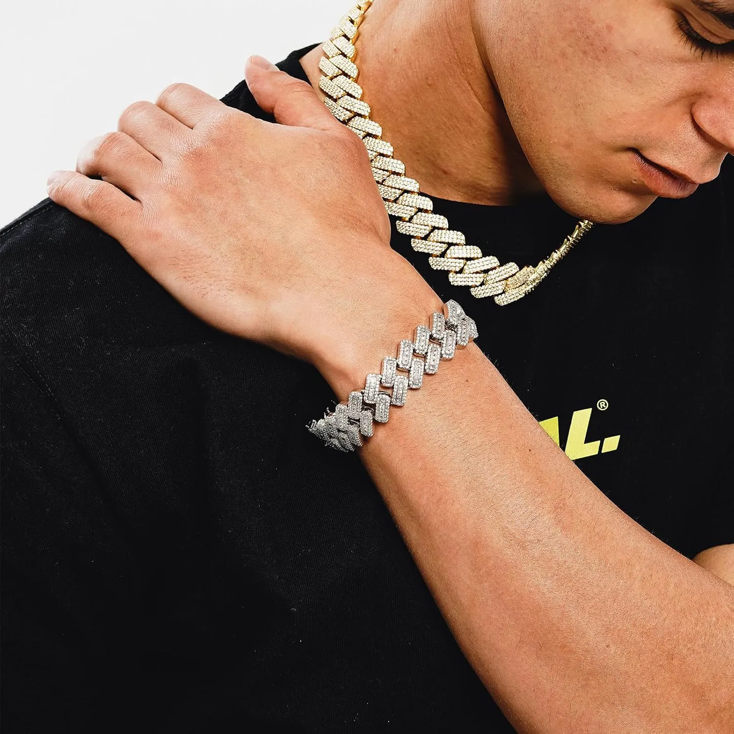JINAO 20MM 6 Times 14k Gold Plated Cuban Link Bracelet Iced Out Bling Round Carre Baguette Cut CZ with Prong Setting Simulated Diamond Bracelet Hip Hop Jewelry for Men