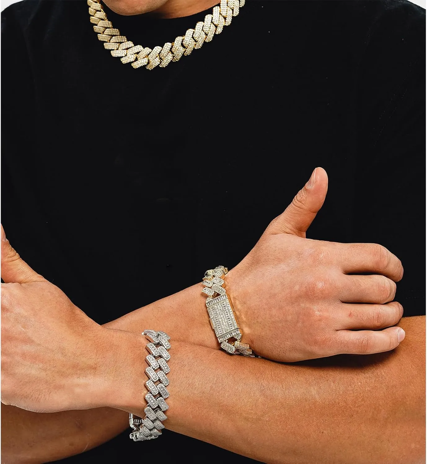 JINAO 20MM 6 Times 14k Gold Plated Cuban Link Bracelet Iced Out Bling Round Carre Baguette Cut CZ with Prong Setting Simulated Diamond Bracelet Hip Hop Jewelry for Men