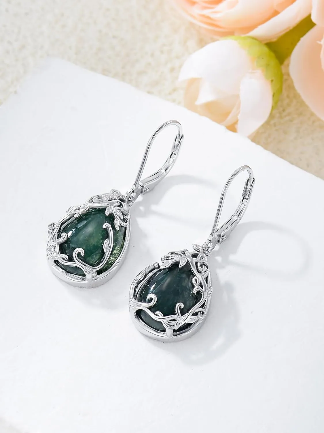 JKR Moss Agate Earrings 925 Sterling Silver Boho Filigree Earrings Anniversary Birthday Gift for Women Wife Her Girlfriend Nana Mom