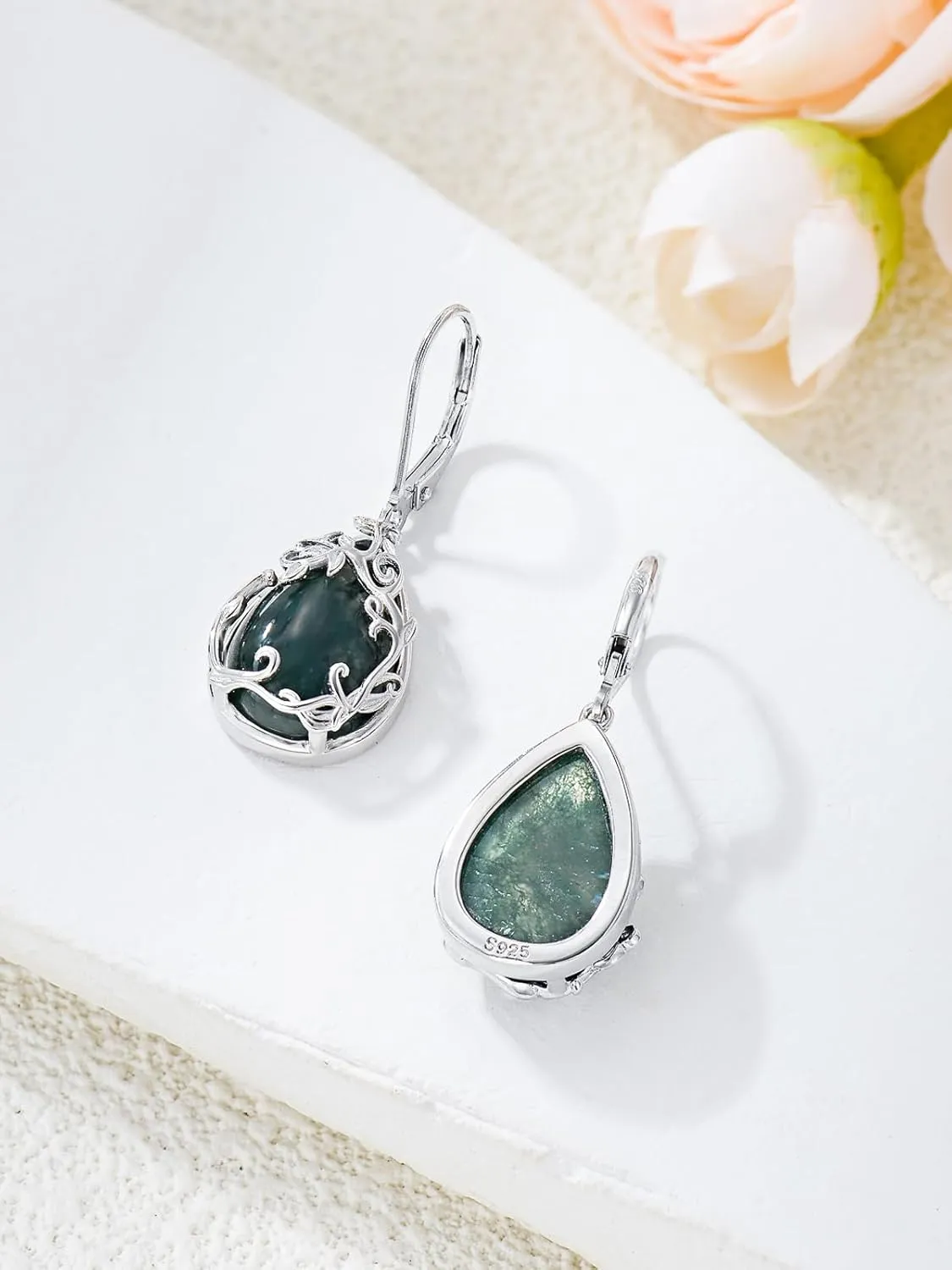 JKR Moss Agate Earrings 925 Sterling Silver Boho Filigree Earrings Anniversary Birthday Gift for Women Wife Her Girlfriend Nana Mom