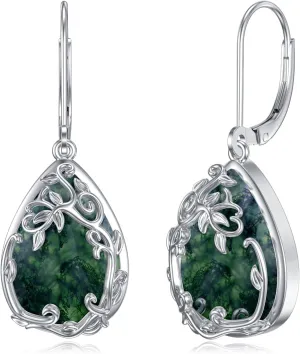 JKR Moss Agate Earrings 925 Sterling Silver Boho Filigree Earrings Anniversary Birthday Gift for Women Wife Her Girlfriend Nana Mom