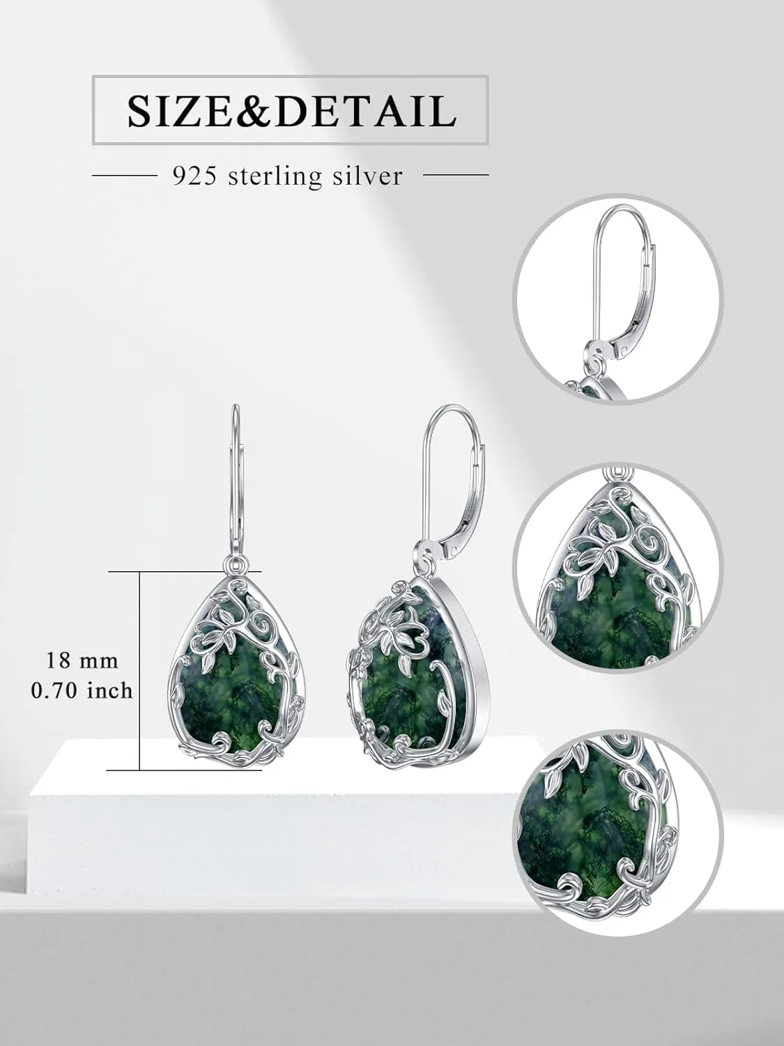 JKR Moss Agate Earrings 925 Sterling Silver Boho Filigree Earrings Anniversary Birthday Gift for Women Wife Her Girlfriend Nana Mom