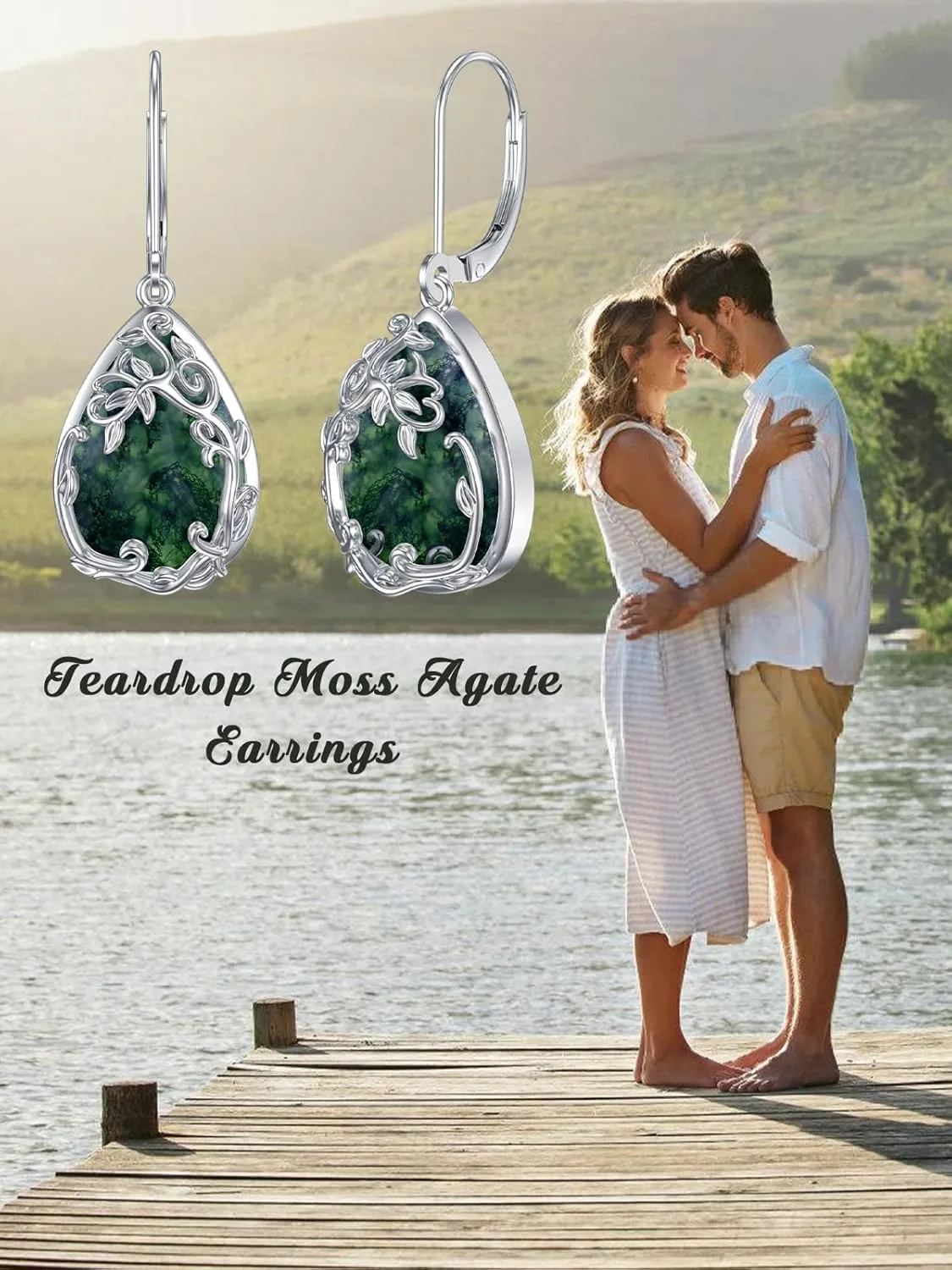 JKR Moss Agate Earrings 925 Sterling Silver Boho Filigree Earrings Anniversary Birthday Gift for Women Wife Her Girlfriend Nana Mom