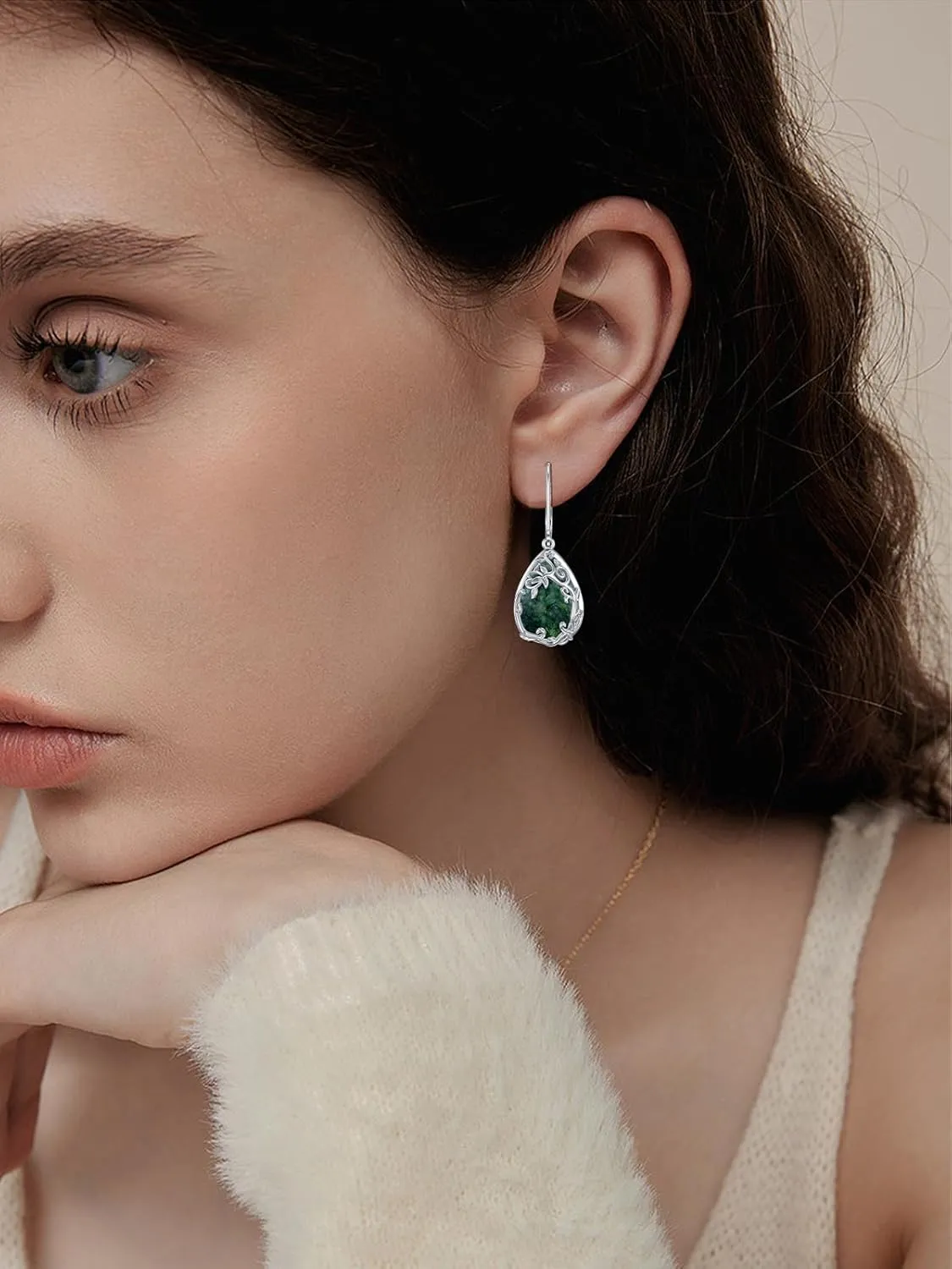 JKR Moss Agate Earrings 925 Sterling Silver Boho Filigree Earrings Anniversary Birthday Gift for Women Wife Her Girlfriend Nana Mom
