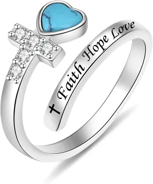 JLYY S925 Sterling Silver Faith Hope Love Turquoise Adjustable Ring Inspirational Finger/Thumb Ring Birthday Gift for Women