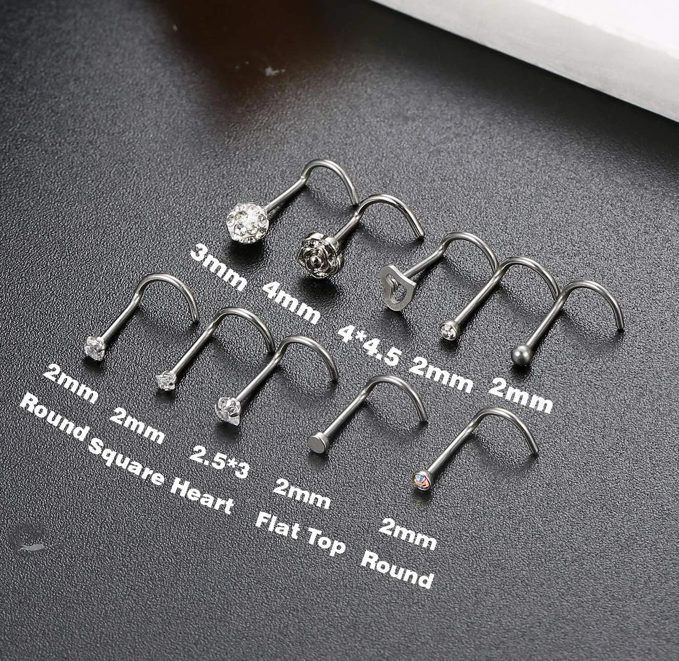 JOERICA 10 Pcs 20G Stainless Steel Screw Nose Studs Rings CZ Labret Silver Gold Nose Stud Piercing Jewelry Set