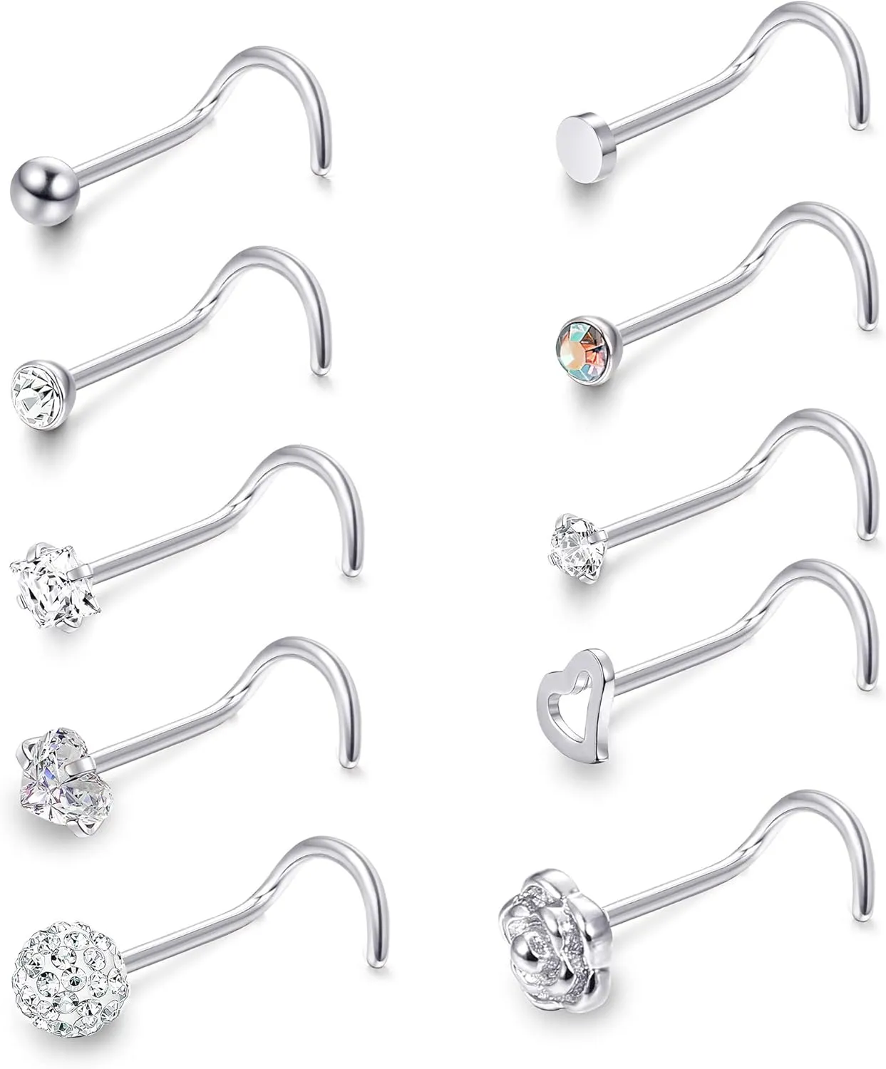 JOERICA 10 Pcs 20G Stainless Steel Screw Nose Studs Rings CZ Labret Silver Gold Nose Stud Piercing Jewelry Set