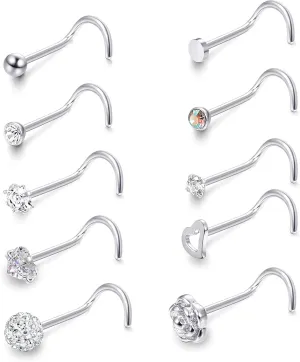 JOERICA 10 Pcs 20G Stainless Steel Screw Nose Studs Rings CZ Labret Silver Gold Nose Stud Piercing Jewelry Set