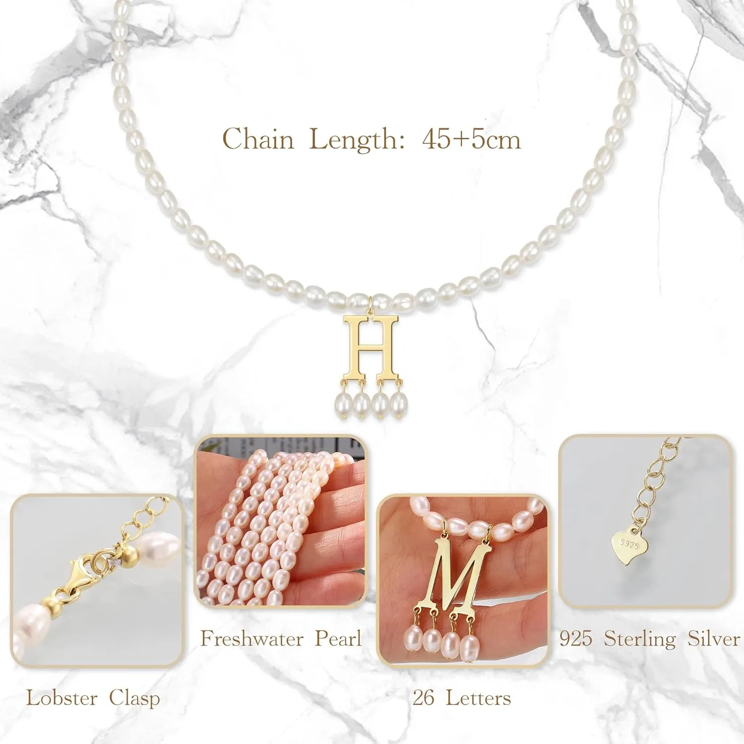 JSJOY Freshwater Pearl Necklace for Women 925 Sterling Silver Gold Initial A-Z Necklaces Anne Boleyn Necklaces Mother's Day Gifts Graduation Gifts 2025 Birthday Gifts for Her