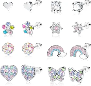 Jstyle 8 Pairs Hypoallergenic Surgical Stainless Steel Stud Earrings - Cute Screw Back Jewelry Set Gift for Girls Women Toddlers Kids Comfortable Fit 20G - Multicolored Pink