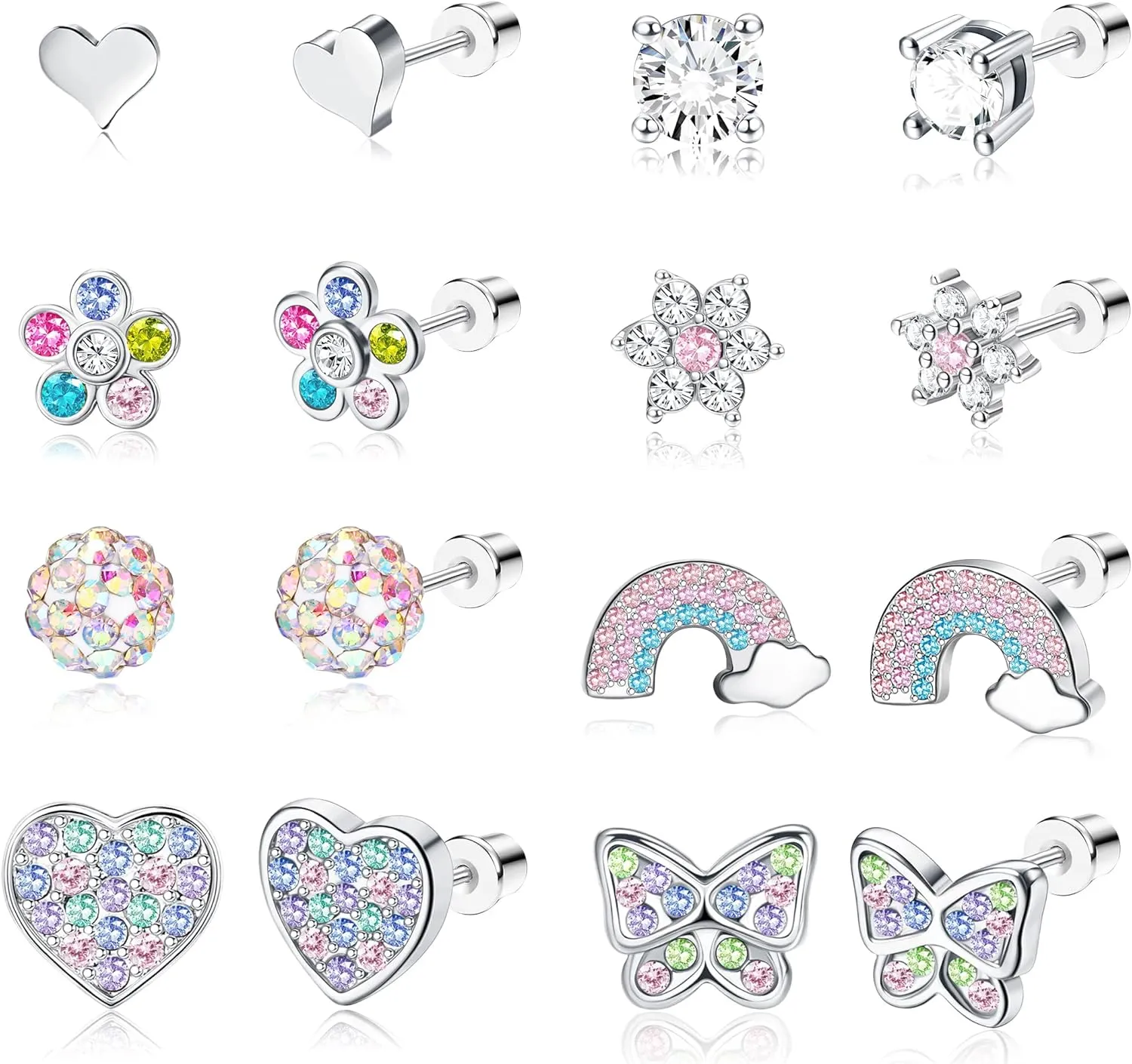 Jstyle 8 Pairs Hypoallergenic Surgical Stainless Steel Stud Earrings - Cute Screw Back Jewelry Set Gift for Girls Women Toddlers Kids Comfortable Fit 20G - Multicolored Pink